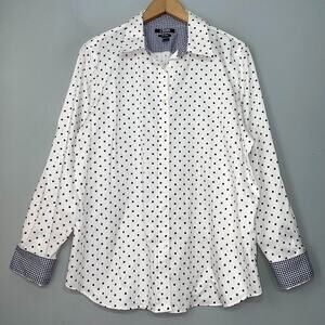 Chaps No Iron Button Up Shirt Size XL Navy Polka Dot Gingham Flip Cuffs Office